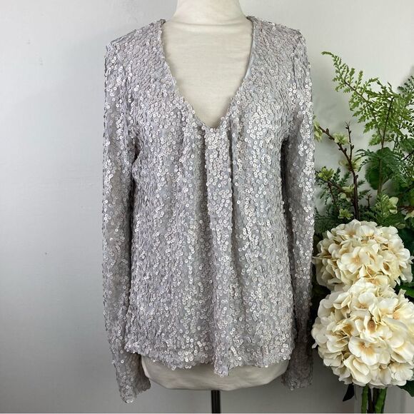 EVEREVE sequin blouse | silver | size medium | v neck | Allison joy - Picture 1 of 11